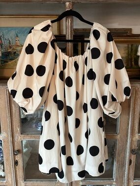 ANTHROPOLOGIE MARE MARE puff sleeve off the shoulder mini dress POLKA DOT